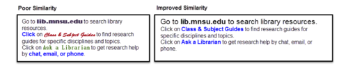 Box one demonstrates poor similarity because fonts and colors are used haphazardly and distract users by encouraging them to seek meaning behind design choices. Box two demonstrates improved similarity by removing unneccessary font and color changes and using design choices to highlight like concepts. 