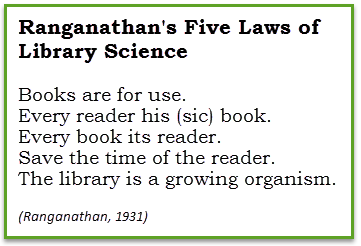 Books are for use. Every reader his/her book. Every book its reader. Save the time of the reader. The library is a growing organism. (Ranganathan, 1931) 